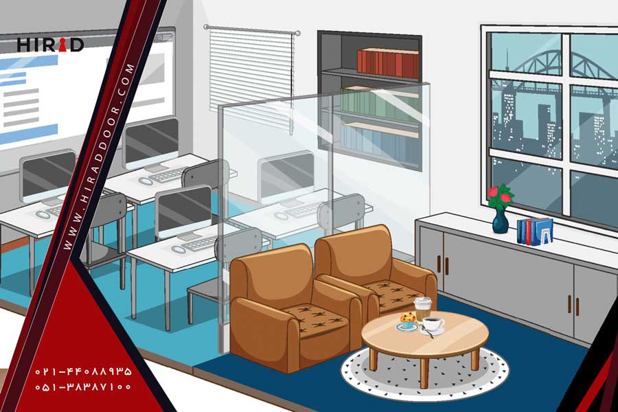 طراحی یک فضای اداری کوچک و جدا سازی فضا با پارتیشن های شفاف و میزهای اداری ساده حالت یکپارچه